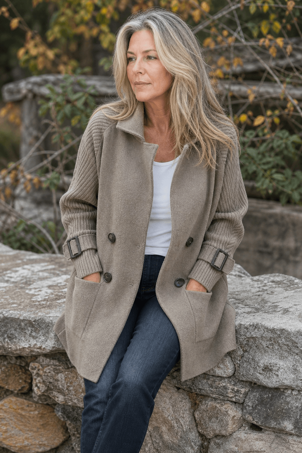 Cable-Knit Sleeve Double-Breasted Longline Coat for Women