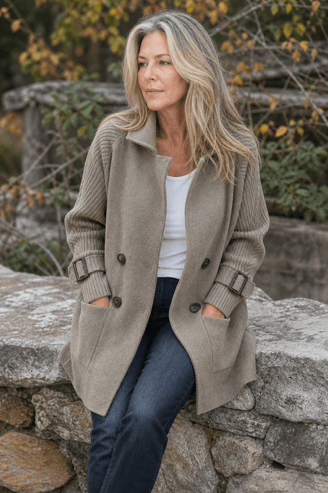Cable-Knit Sleeve Double-Breasted Longline Coat for Women