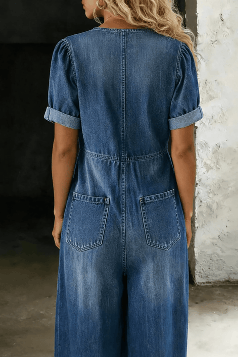 Maya Tie-Front Wide-Leg Denim Jumpsuit with Pockets