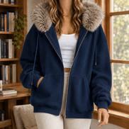Ardith Oversized Fleece Hoodie with Fur-Trimmed Hood and Full-Length Zip