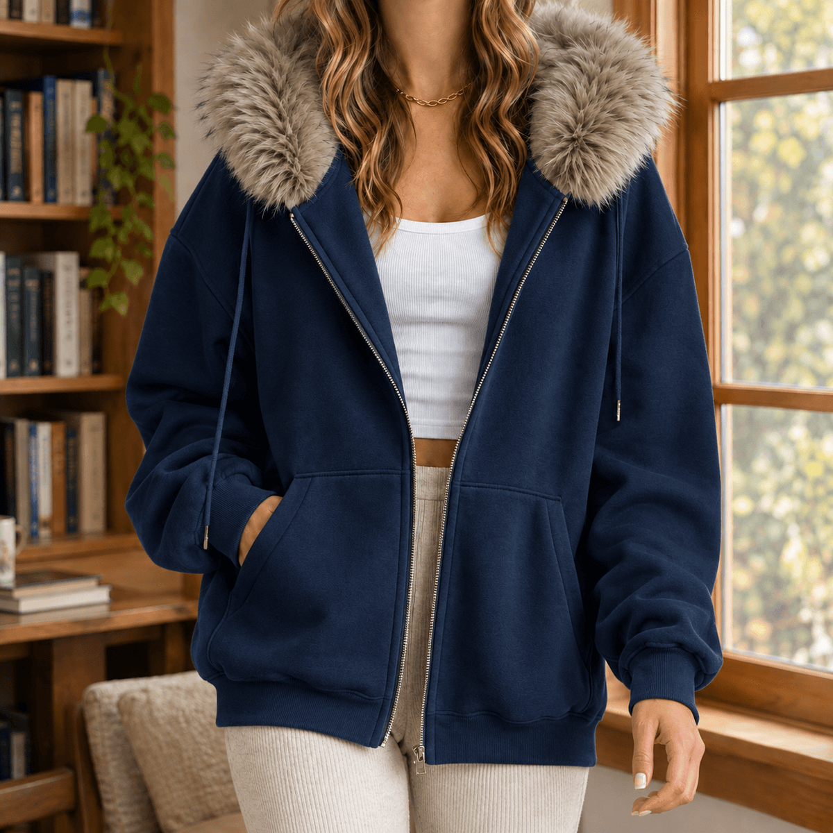 Ardith Oversized Fleece Hoodie with Fur-Trimmed Hood and Full-Length Zip