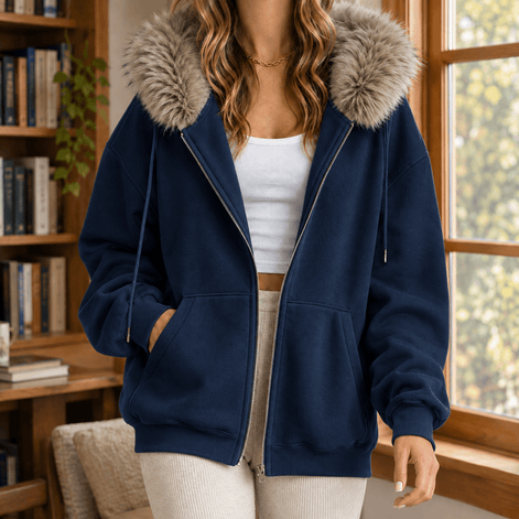Ardith Oversized Fleece Hoodie with Fur-Trimmed Hood and Full-Length Zip