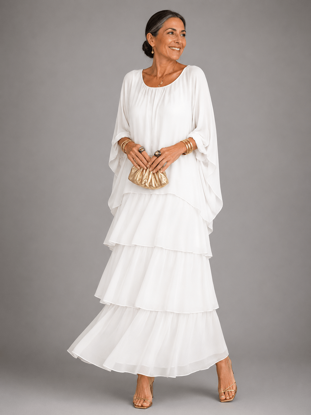 Tiered Chiffon Women's Maxi Dress with Flutter Sleeves and Layered Hem