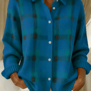 Anna Plaid Button-Up Knitted Cardigan with Collar for Women
