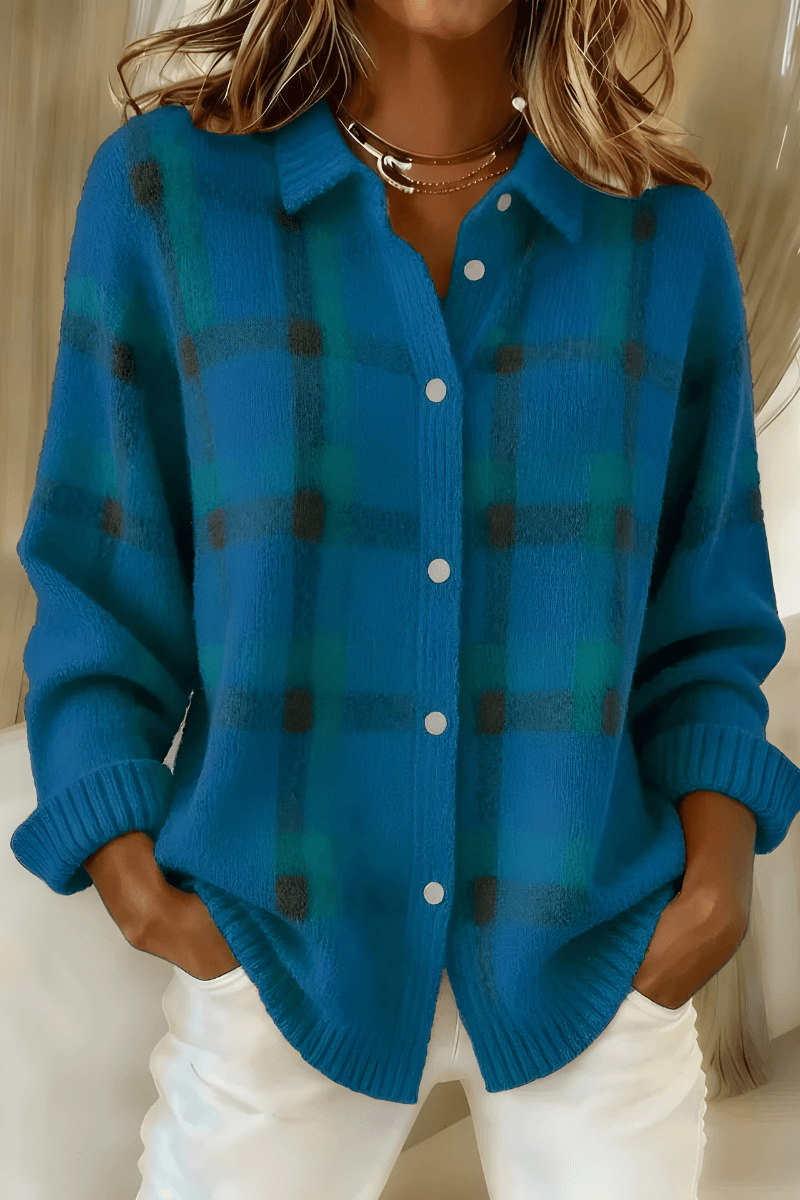 Anna Plaid Button-Up Knitted Cardigan with Collar for Women