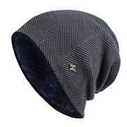 Men's Herringbone Knit Beanie with Fleece Lining and Ribbed Edge