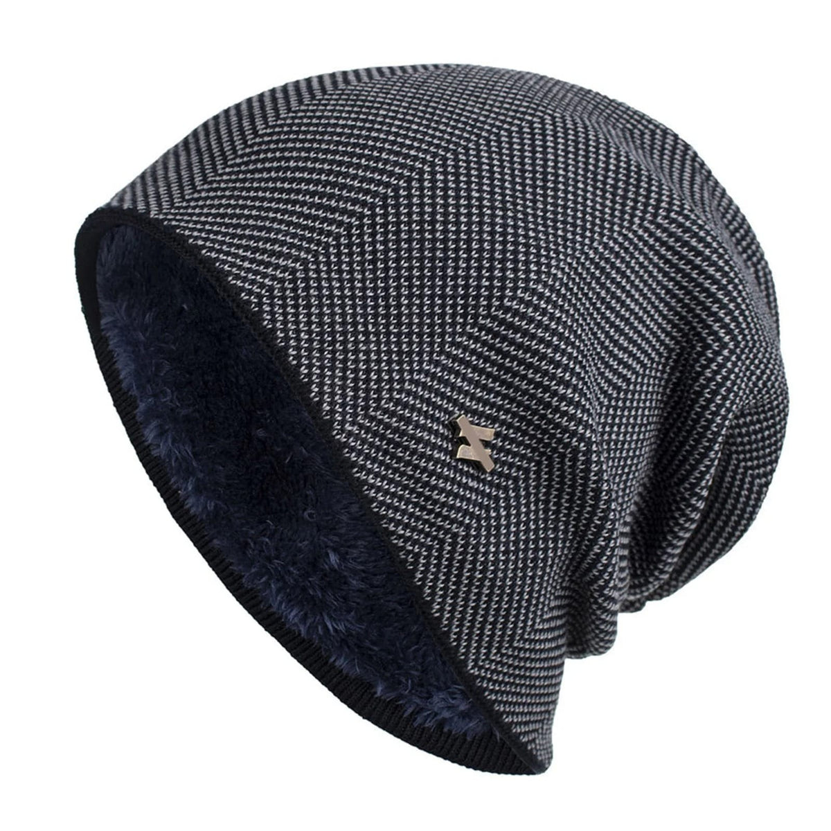 Men's Herringbone Knit Beanie with Fleece Lining and Ribbed Edge
