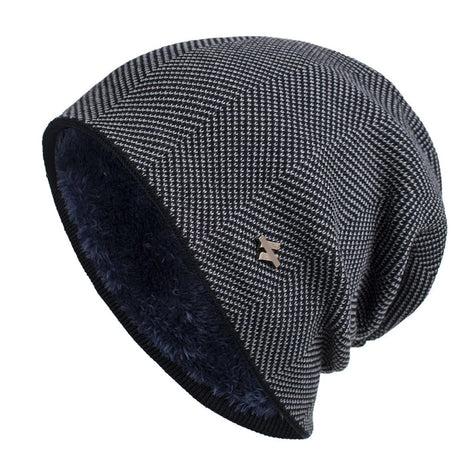 Men's Herringbone Knit Beanie with Fleece Lining and Ribbed Edge