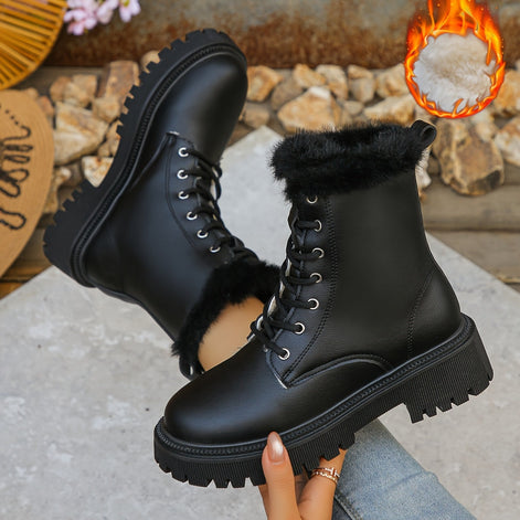 Women's Faux Leather Winter Boots with Faux Fur Trim and Chunky Platform Sole