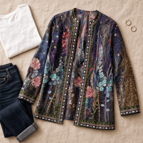 Patrice Art-Print Open-Front Jacket with Embellished Trim