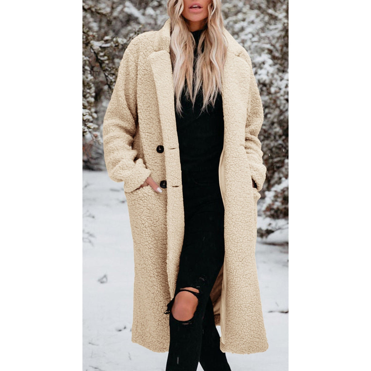 Women's Long Teddy Fleece Coat with Button Front Closure