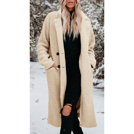 Women's Long Teddy Fleece Coat with Button Front Closure