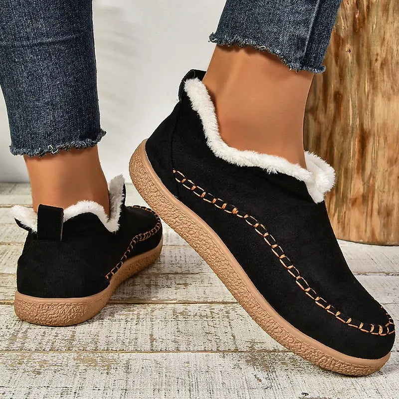 Cay Fur-Lined Suede Winter Ankle Boots for Women with Stitched Moc Toe