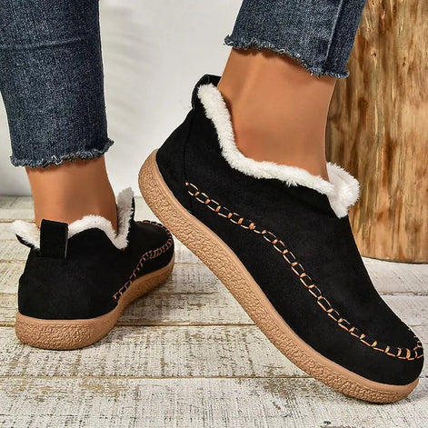 Cay Fur-Lined Suede Winter Ankle Boots for Women with Stitched Moc Toe