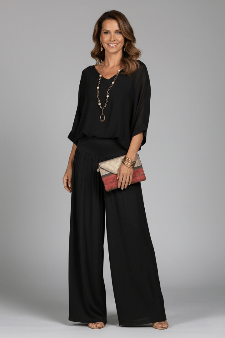 Natalie Wide-Leg Chiffon Co-ord Set with Draped Top