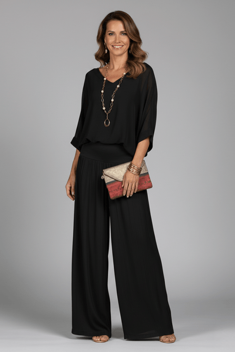 Natalie Wide-Leg Chiffon Co-ord Set with Draped Top
