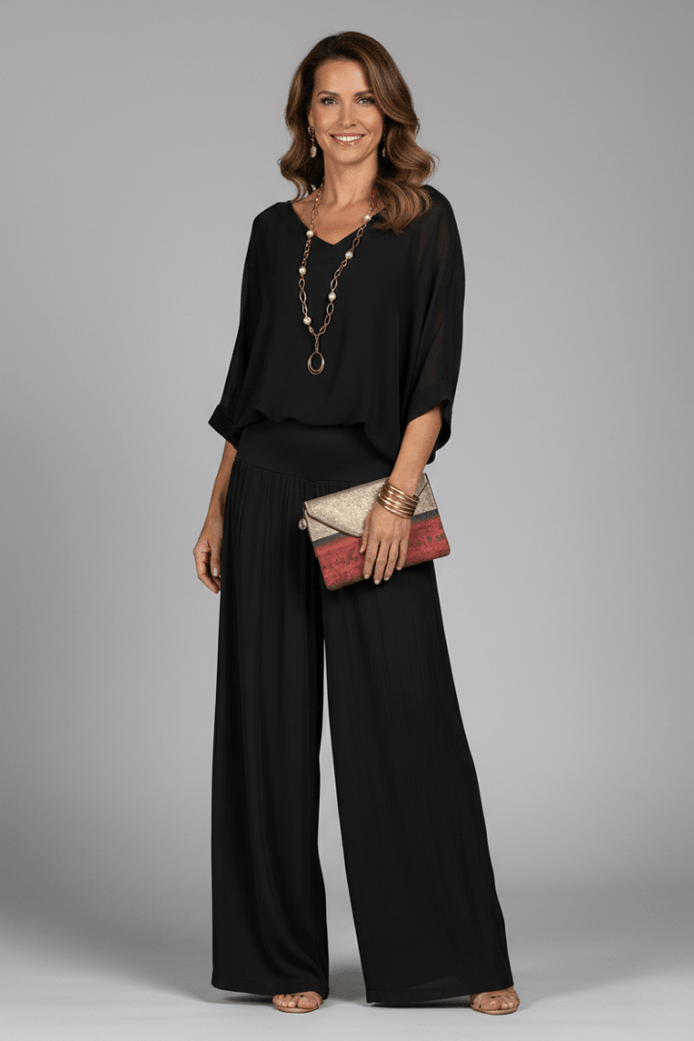 Natalie Wide-Leg Chiffon Co-ord Set with Draped Top