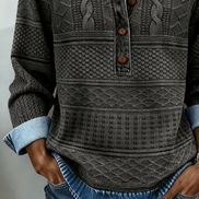 Melkorka Denim-Effect Collared Cable Knit Top with Long Sleeves