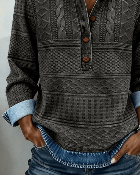 Melkorka Denim-Effect Collared Cable Knit Top with Long Sleeves
