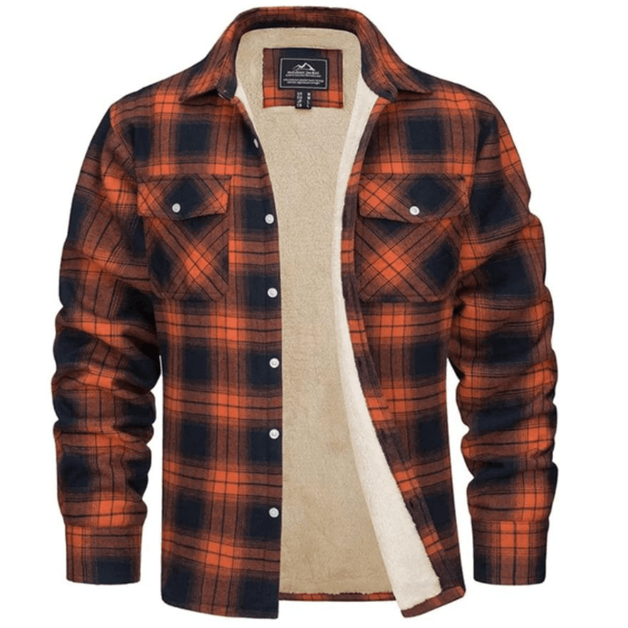Men's Sherpa-Lined Plaid Flannel Shirt Jacket with Button Pockets