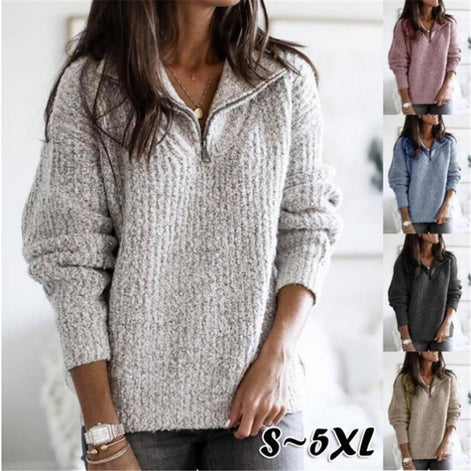 Women's Half-Zip Textured Knitted Jumper with Stand Collar