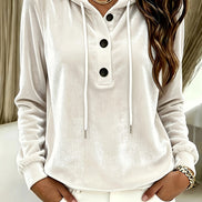 Women's Velvet Hooded Sweatshirt with Button Placket and Drawstring