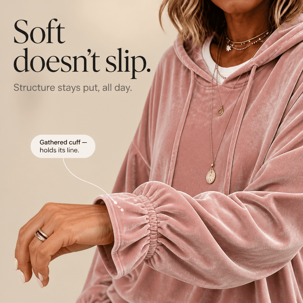 Ruffle Cuff Velvet Hoodie with Dropped Shoulder for Women