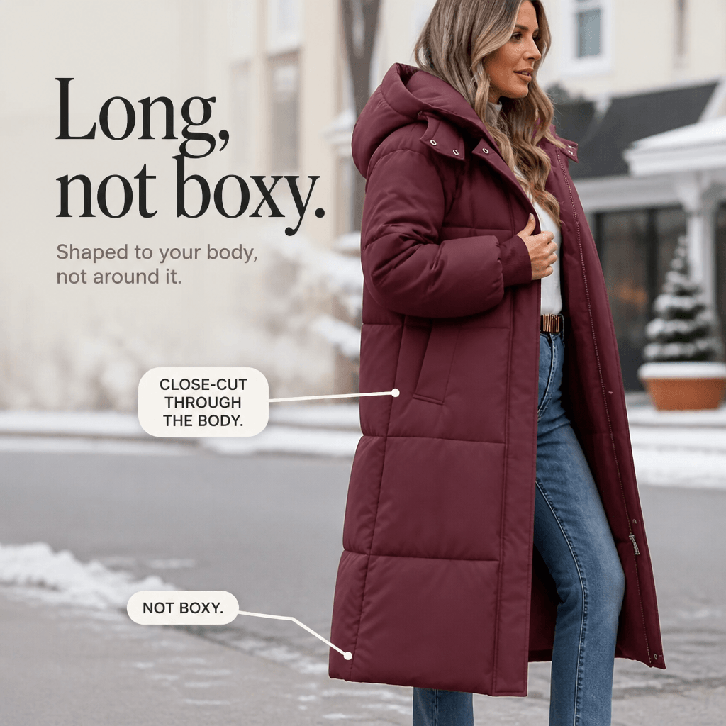 Women's Long Hooded Quilted Puffer Jacket with Pockets in Polyester