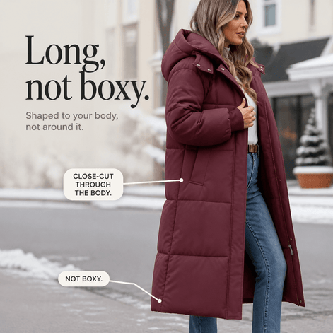 Women's Long Hooded Quilted Puffer Jacket with Pockets in Polyester