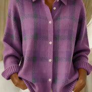 Sarah Plaid Button-Front Knitted Cardigan with Collar