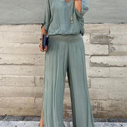 Adeline Draped Blouson Top and Wide-Leg Trouser Two Piece Set