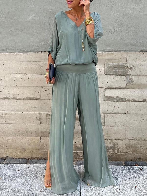 Adeline Draped Blouson Top and Wide-Leg Trouser Two Piece Set