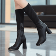 Women's Stretch Knit Block Heel Winter Boots with Side Zip
