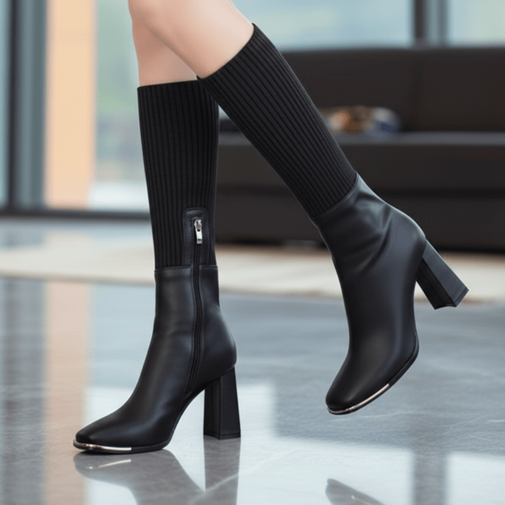 Women's Stretch Knit Block Heel Winter Boots with Side Zip