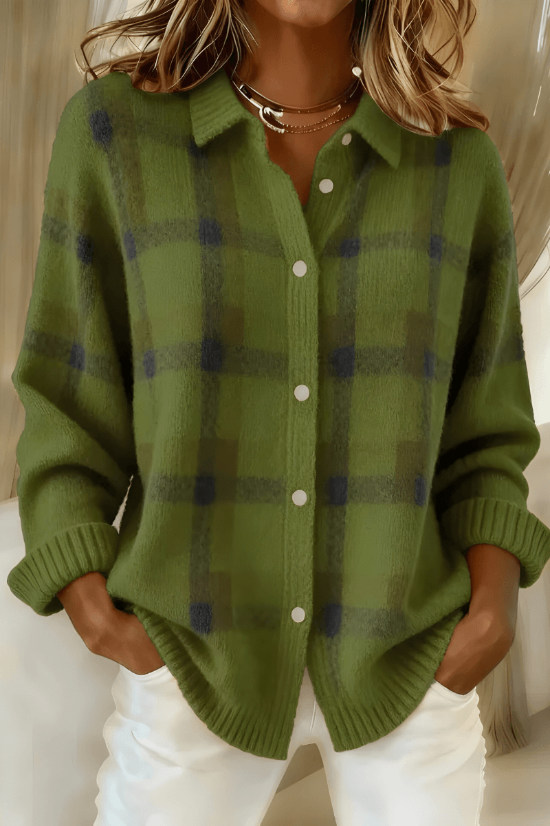 Anna Plaid Button-Up Knitted Cardigan with Collar for Women