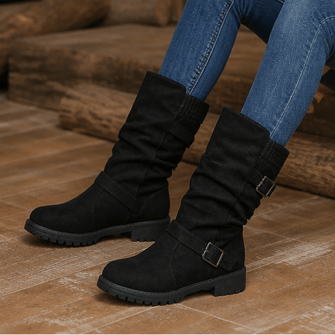Wearbella Slouchy Mid-Calf Boots with Adjustable Buckle Strap for Women
