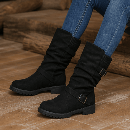 Wearbella Slouchy Mid-Calf Boots with Adjustable Buckle Strap for Women