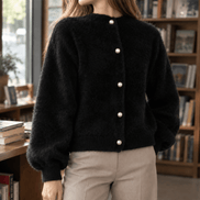 Oriane-Claire Fuzzy Knitted Cardigan for Women with Pearl Buttons