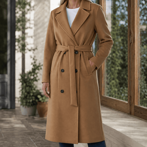 Adele-Grace Women's Belted Double-Breasted Winter Coat with Notched Lapels