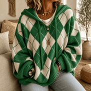 Women's Hooded Argyle Batwing Poncho Knitted Jumper with Relaxed Fit