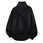 Women's Ribbed Knit Jumper with Draped Scarf-Neck Collar