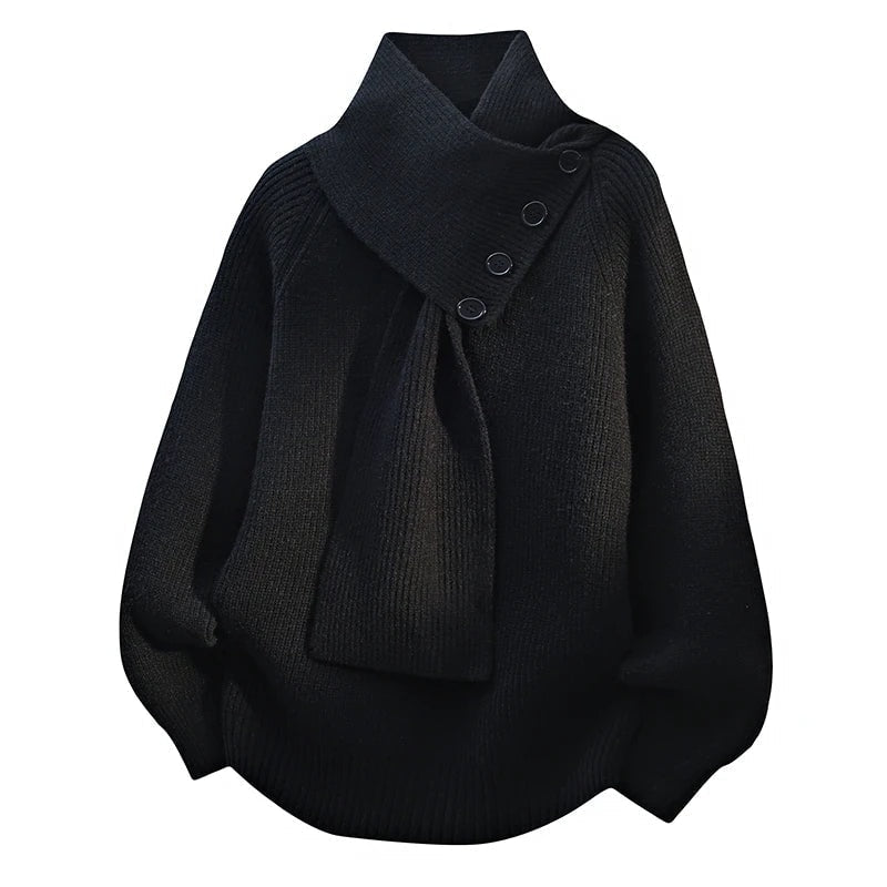 Women's Ribbed Knit Jumper with Draped Scarf-Neck Collar