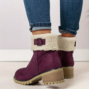 Faux Shearling Cuff Buckle Boots with Block Heel