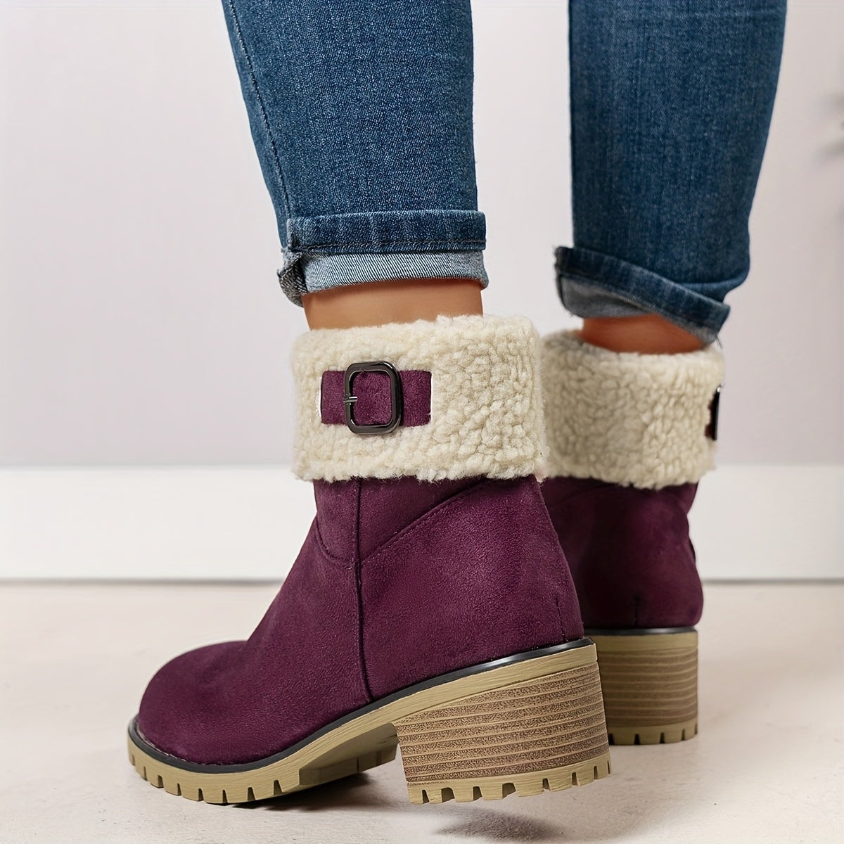 Faux Shearling Cuff Buckle Boots with Block Heel