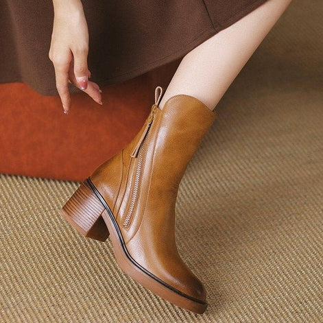 Bellora Leather Ankle Boots with Side Zipper and Stacked Block Heel