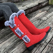 Women's Faux Suede Mid-Calf Snow Boots with Faux Fur Trim and Buckle Detail