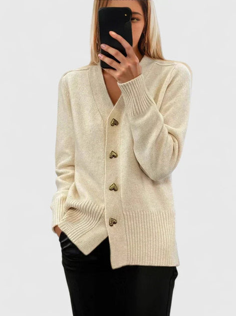 Lillyanne Heart Button V-Neck Women's Knitted Cardigan with Soft Drape