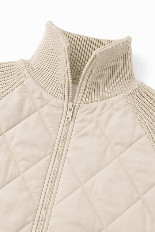 Women's Knit-Panel Quilted Puffer Jacket with Ribbed Cuffs