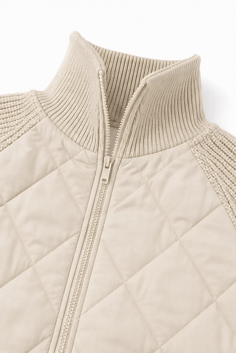 Women's Knit-Panel Quilted Puffer Jacket with Ribbed Cuffs