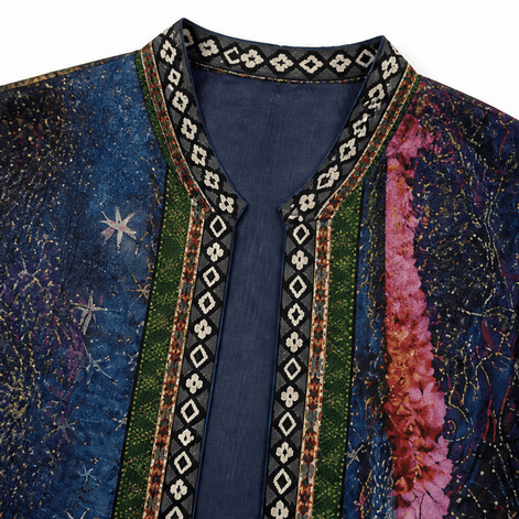 Patrice Art-Print Open-Front Jacket with Embellished Trim